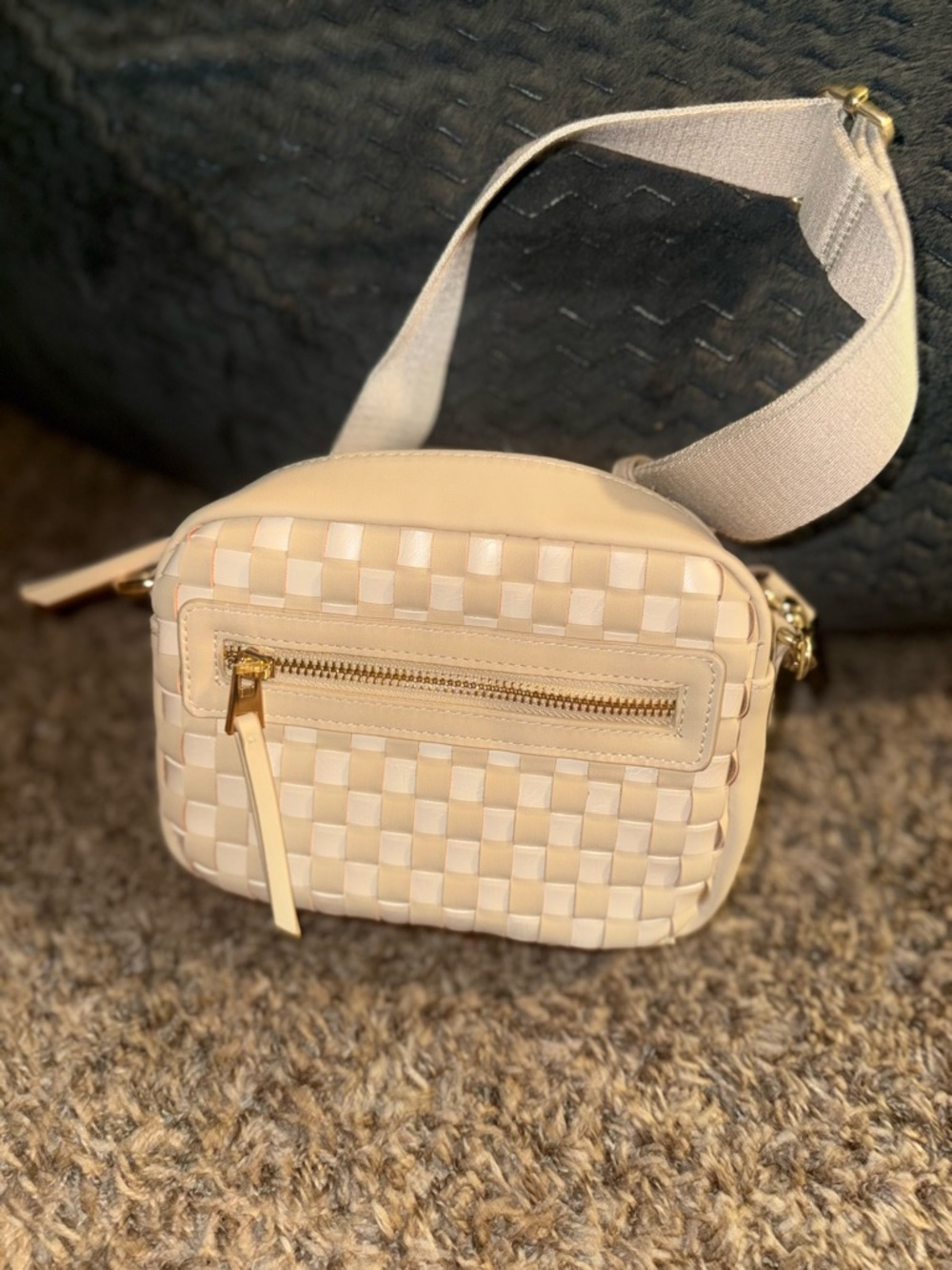 Cream Woven Crossbody Bag with Gold Hardware